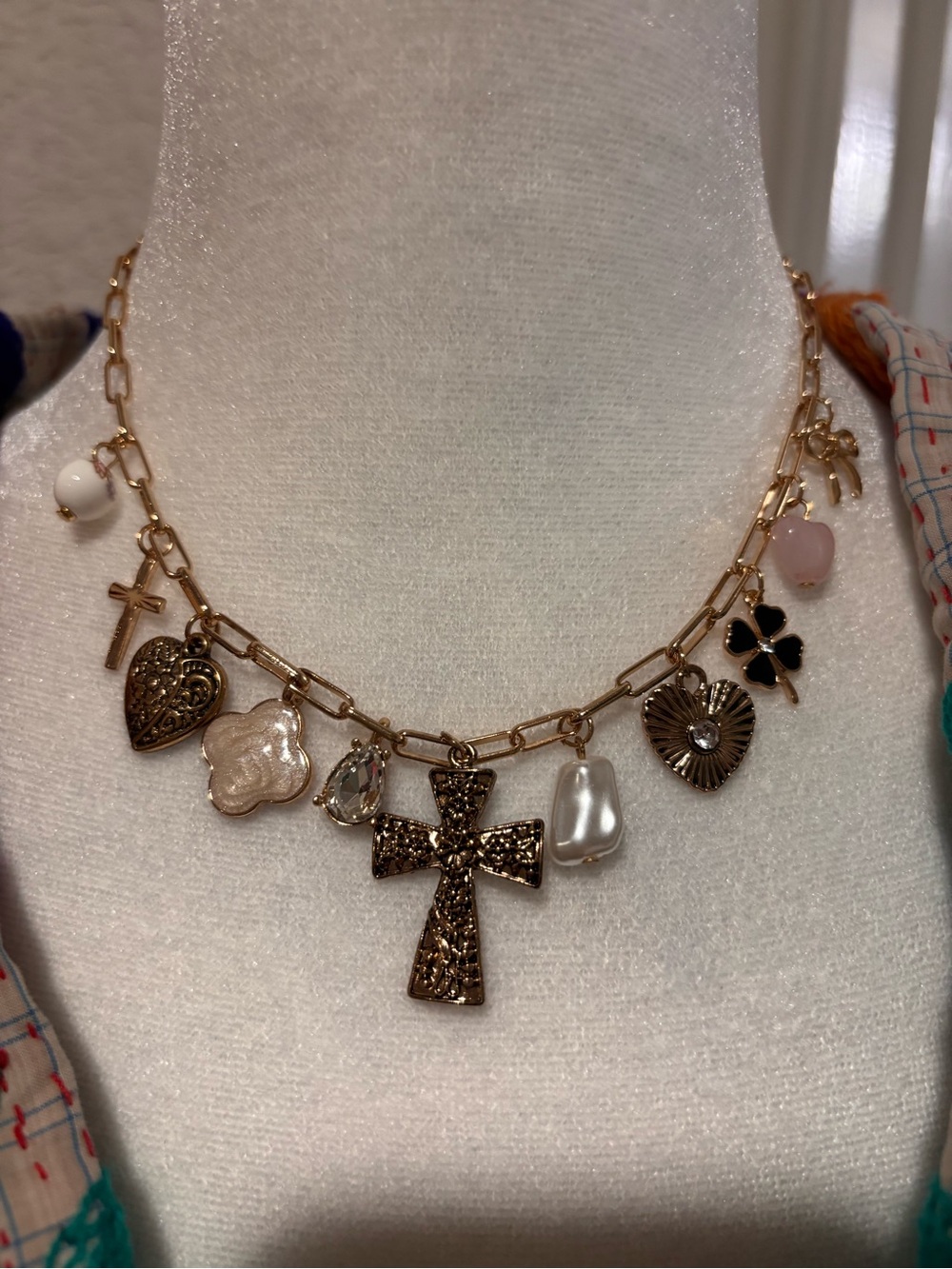 Gold-Tone Cross Charm Necklace with Pink and White Accents